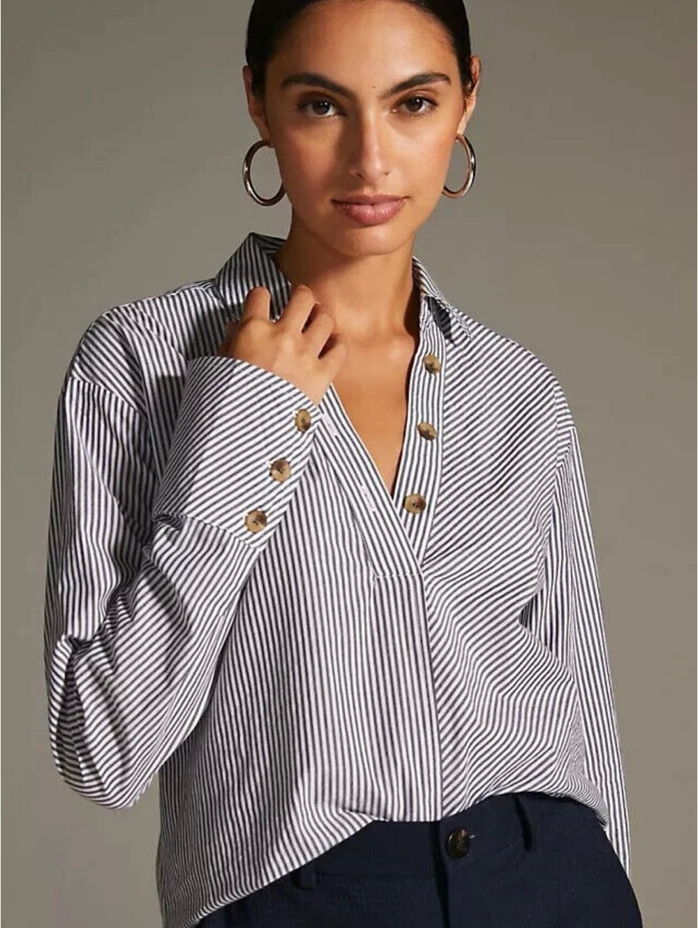 Anthropologie Black and White Striped Button-Trim Popover Top